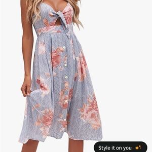 Floral Tie-Front Midi Dress in Dusty Blue and Pink